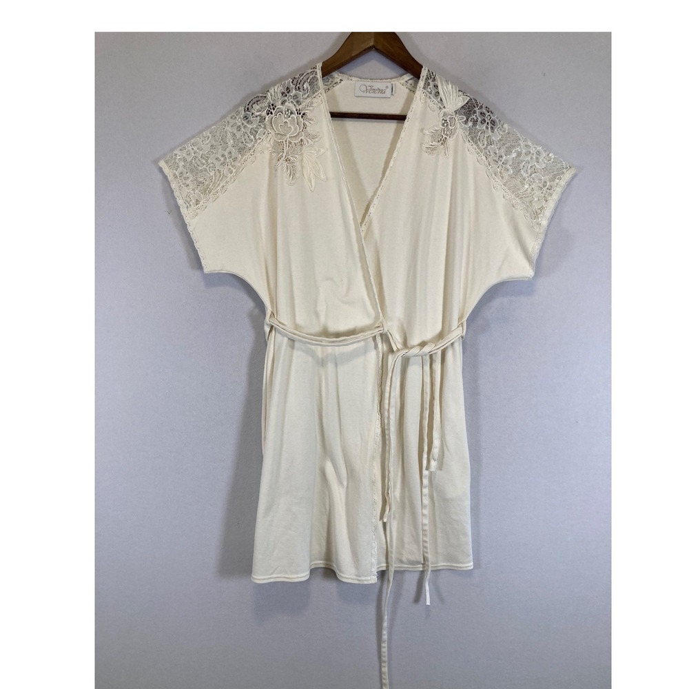 Cottagecore Verena Womens Small Ivory Cotton Lace Trim Short Wrap Robe USA Made
